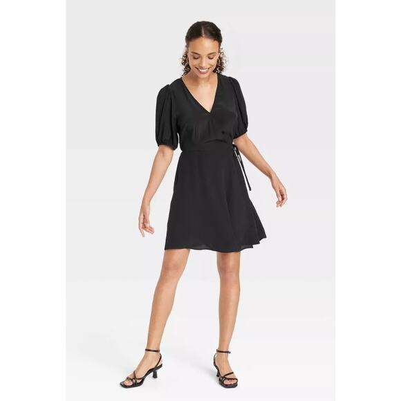 A New Day Black Balloon Sleeve Faux Wrap Mini Dress X-Small - Picture 2 of 8